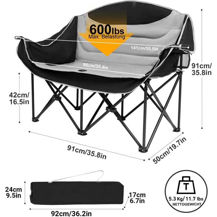 Двомісний розкладний крісло-диван для кемпінгу з підстаканниками, великий, чорно-білий