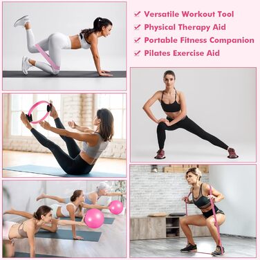 Pilates-кільце Goocrun з еспандером, м'ячем та слайдерами для фітнесу вдома – постер в комплекті (Рожевий, середній рівень)