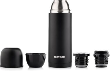 Термос металевий meteor 1 л і 750 мл, BPA-free, з 2 чашками, ізотермічна пляшка з нержавіючої сталі для дітей і дорослих, чорний