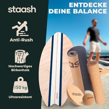 STAASH Балансборд з дерева для фітнесу, спорту та серфінгу, набір Starter або Full Kit, для тренувань вдома чи у студії, синій Pro