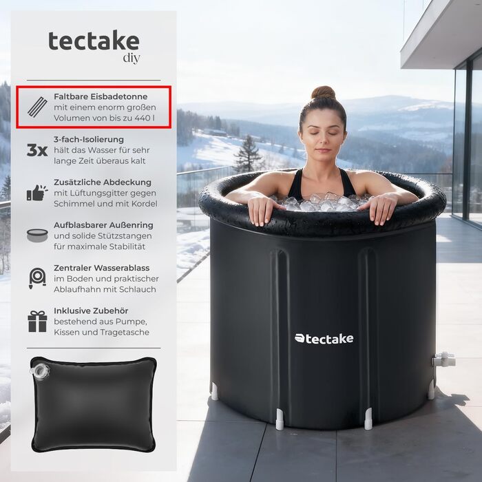 Тектейк® Ванна для криотерапії з кришкою, бак для крижаних ванн, ванна для холодної терапії, бак для льоду, надувна ванна, складана ванна для дорослих - Ø 90 x 75 см