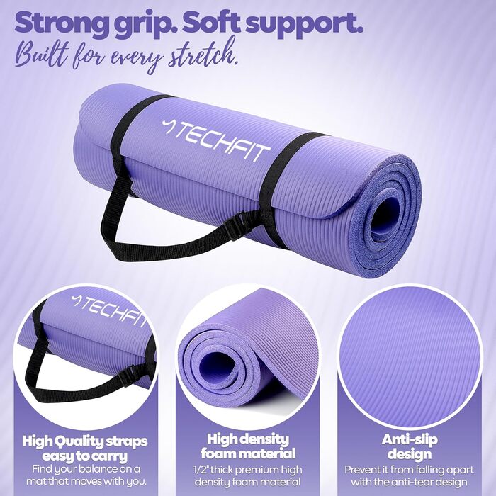Йога мат TechFit з неслизькою поверхнею - для фітнесу, дому, пілатесу, кемпінгу, аеробіки (фіолетовий, 10 мм)