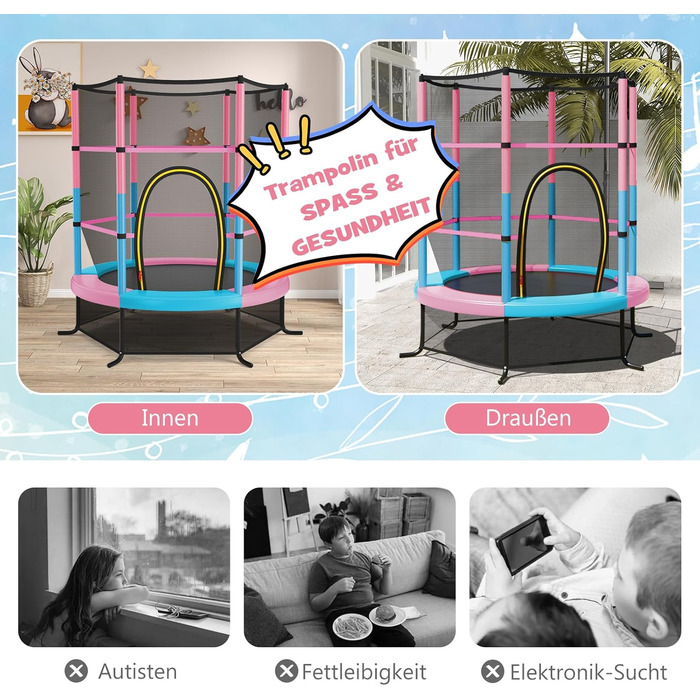 Батут GOPLUS Indoor з сіткою безпеки, дахом, металевим каркасом, стрибучою поверхнею, круглий, для саду, до 135 кг, рожевий, Ø165 x 165 см