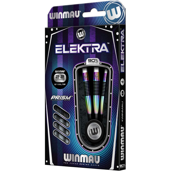 Дартси WINMAU Elektra 90% вольфрам, Urban Grip, 22–26 г, призматичні флайти, Vecta-шафти, Match Weighed, торпедоподібний профіль