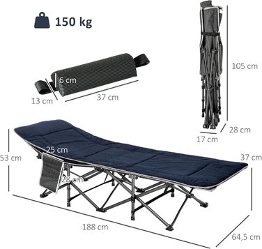 Ліжко кемпінгове складне Outsunny з матрацом, 188x64.5x53 см, до 150 кг, темно-синьо-сіре, для дому та відпочинку