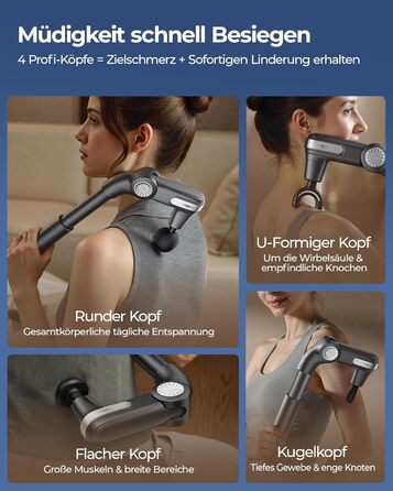 Масажер для тіла KingPavonini з висувним руків'ям та відкидним голівкою: масажна пістолета для спини з 3 кутами налаштування та 4 насадками, подарунок для чоловіків та жінок (сірий)