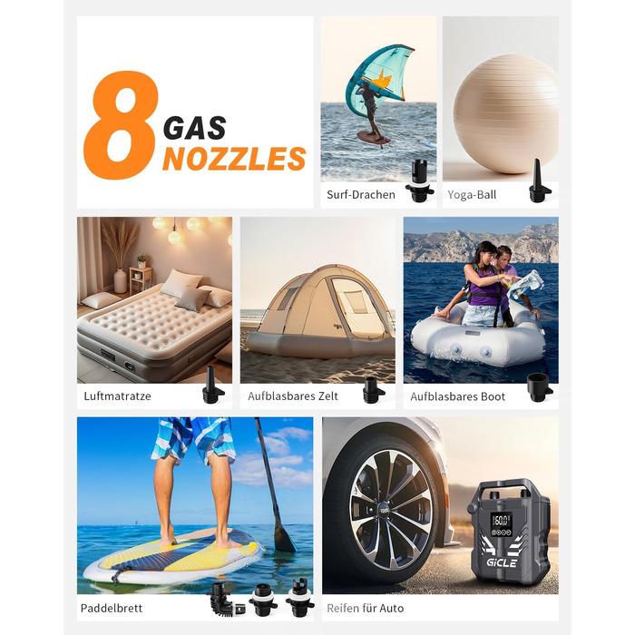 Електричний насос GICLE 60PSI для SUP, SUP-дошок, надувних човнів, велосипедів та наметів. Двоступеневий, швидка підкачка 12V