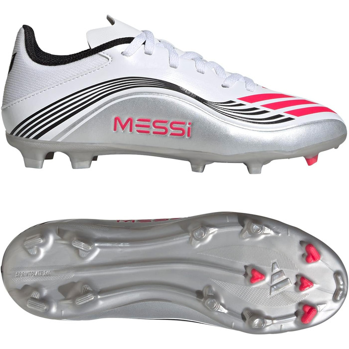 Дитячі футбольні бутси adidas F50 Messi League для гри на твердих та універсальних покриттях, розмір 37 1/3 EU, кольори: білий, червоний, срібло
