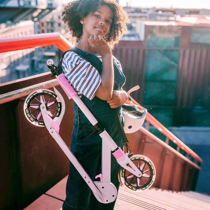 Електросамокат Movino City Light для дітей та підлітків, LED, 180мм колеса, амортизатор, регульований кермо, колір сіро-рожевий