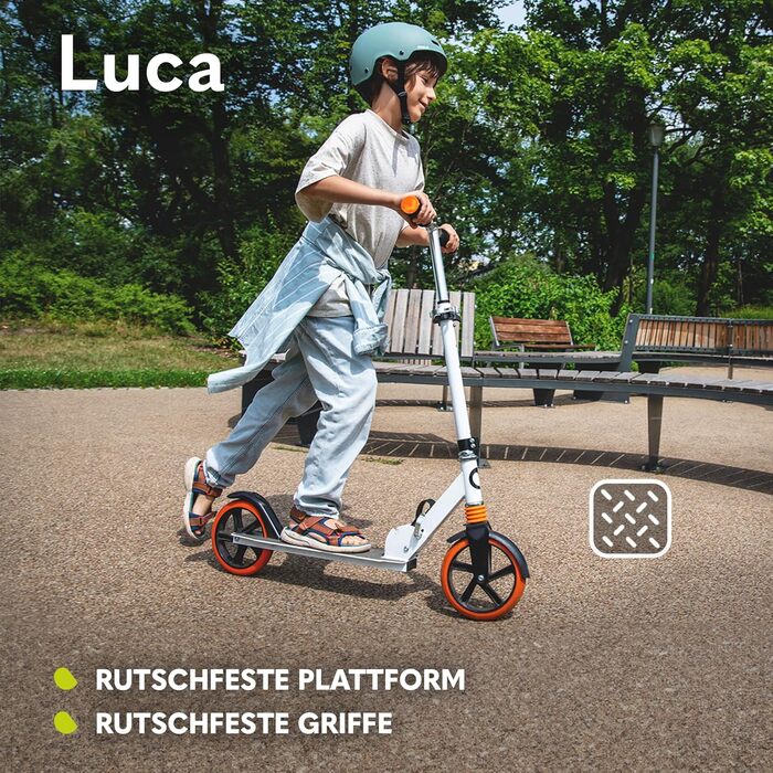 Самокат LIONELO Luca складаний для дітей і дорослих до 100 кг, легкий 4 кг, міцна конструкція, колеса 20 см, амортизація ShockResist, заднє гальмо, нековзний