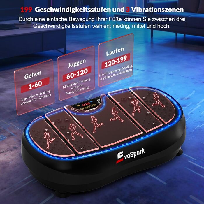 Вібраційна платформа для дому: 199 швидкостей, 6+1 режими, 200W двигун, LED-підсвітка, чорний колір