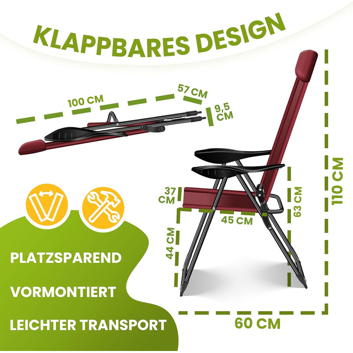 Крісла садові KESSER® 2 шт. з високою спинкою, складані, алюмінієві, регульовані, з підлокітниками, дихаючі, для саду, балкону, кемпінгу, тераси, Бордовий
