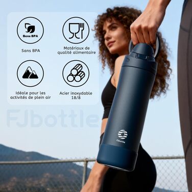 Спортивна пляшка для води Fjbottle з нержавіючої сталі 750 мл, синя — з кнопкою відкриття, силіконовим дном та щіткою для чищення