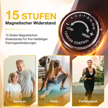 Ергометр для дому з магнітною гальмом, датчиками пульсу та LCD-дисплеєм, 15 рівнів опору, з підніжкою для спини, для людей похилого віку. Міцна конструкція, декілька налаштувань, колір горіх.