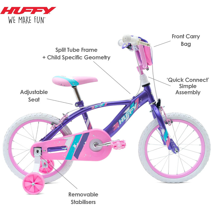 Дитячий велосипед Huffy Glimmer 16 дюймів, фіолетово-рожевий, для дівчаток 5-6 років, легкий, з додатковими колесами