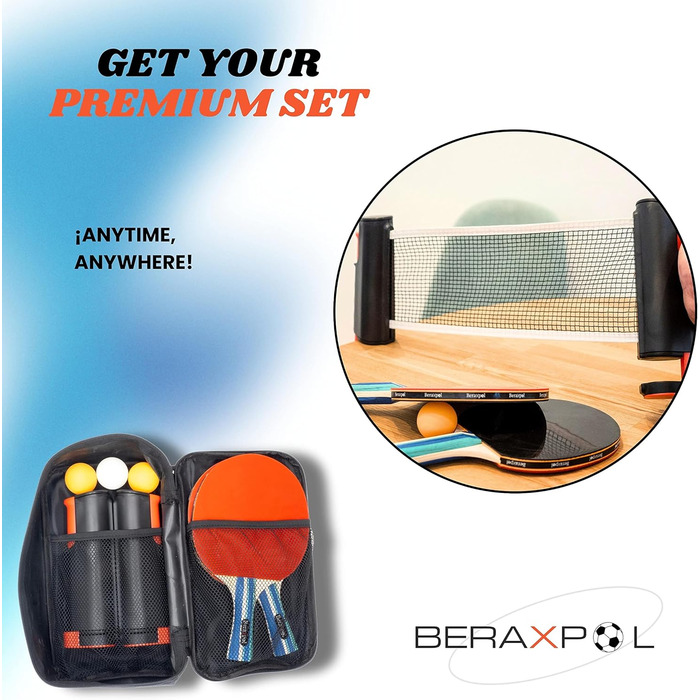 BERAXPOL Набір для настільного тенісу Premium, портативний, все в одному | М'ячики, сітка, сумка | Для сім'ї, подарунок