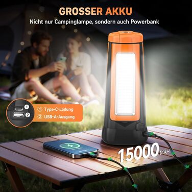 Портативна LED кемпінгова лампа 15000mAh з телескопічним штативом, 5500LM, IP65, вологостійка, для кемпінгу, подорожей, бастіону, намету, з підсвічуванням (Помаранчевий)