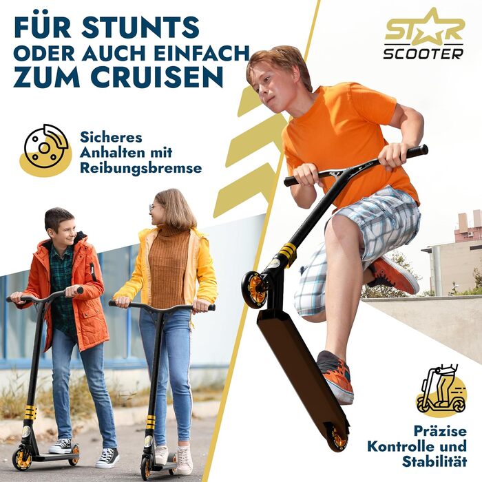 Трюковий самокат STAR SCOOTER Pro Sport для дітей від 7 років та дорослих, алюмінієвий, HIC, колеса 110/120 мм, чорний і золотий