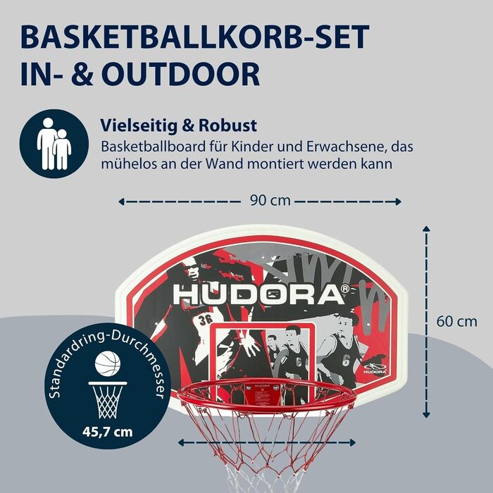 Баскетбольний набір HUDORA для дому та вулиці, щит і кільце з кріпленням для стіни, для дорослих, підлітків і дітей