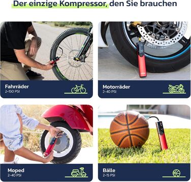 Електрична велосипедна помпа Woowind BP188 з акумулятором, 120-150 PSI, компресор для авто, мотоцикла та велосипеда, сумісна з усіма клапанами
