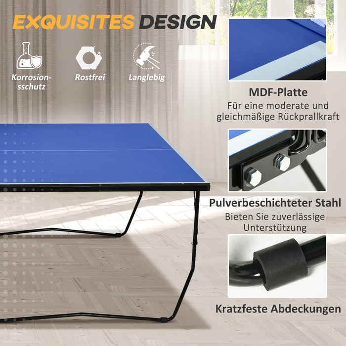Стіл для настільного тенісу, розкладний, на 8 колесах, з порошковим покриттям сталевий каркас, МДФ, розміри 274 x 152,5 x 76 см, блакитний