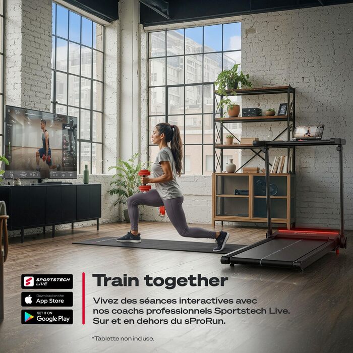 Біговий тренажер Sportstech sProRun: складаний, до 12 км/год, 120 кг, з підставкою для планшета, Bluetooth, LED, нахил 9%