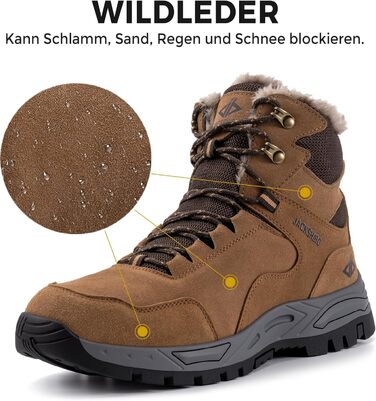 Зимові черевики JackShibo для чоловіків та жінок. Теплі, водонепроникні, з антиковзким покриттям. Зимові чоботи для активного відпочинку на природі. Розмір EU 43, колір коричневий.