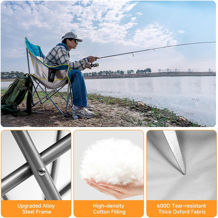 Великий складаний стілець для кемпінгу Thallike, XL, з підлокотниками, для дорослих, блакитний