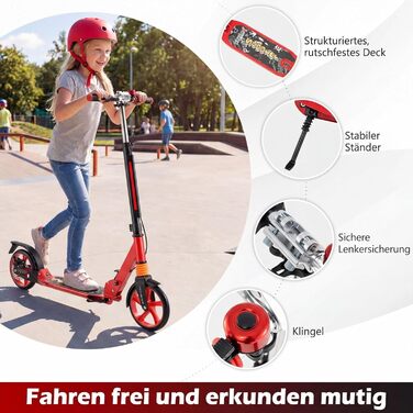 COSTWAY Кискскутер з дзвіночком та підставкою, регульована висота керма, складний, вантажопідйомність до 100 кг, з ременем для перенесення, для дітей та дорослих (червоний)