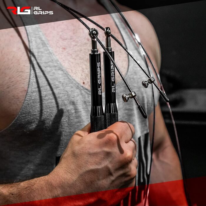 Скакалка для кросфіту RL Grips® з алюмінієвого сплаву з неслизькою ручкою - Скакалка з тросом 2 мм - Скакалка для кардіо, фітнесу, тренажерного залу, чорна (скакалка + запасні частини)
