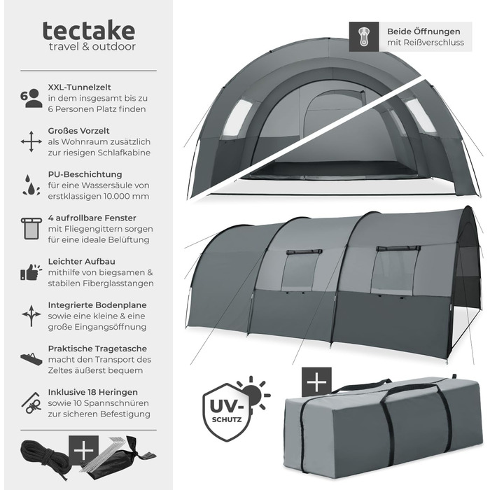 Намет Tectake Tunnelzelt для 6 осіб, сімейний, з тамбуром та підлогою, захист від UV-випромінювання, кемпінговий намет з сумкою для транспортування, 350x480x195 см, темно-сірий/світло-сірий