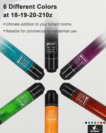 Набір київ для більярду CUEBAR 6 шт. (Lila, Rot, Grün, Blaugrün, Blau, Schwarz), кийки 45.7/50.8 см, 595.3 г, 3D-рукоятка, для чоловіків та жінок