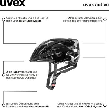 Шолом uvex active: безпечний універсальний шолом для жінок та чоловіків, регульований розмір, розширюється світлодіодним ліхтариком, чорний глянцевий, 52-57 см, Single