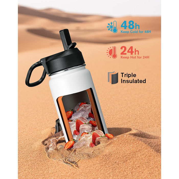 Фляга Coolflask 1,2 л з ізоляцією та трубочкою, нержавіюча сталь, 3 кришки, для спорту та офісу, зберігає холод до 48 годин, тепло до 24 годин, сіро-зелений колір