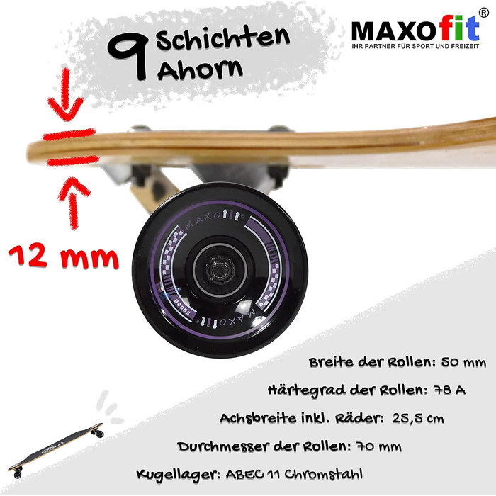 Лонгборд MAXOfit у різних дизайнах, з якісною декою з клена/бамбука для початківців та досвідчених Crow