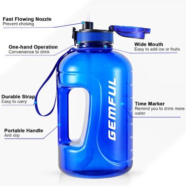 Пляшка спортивна GEMFUL 3л з міткою часу, соломинкою та ручкою, BPA-free, не протікає, для фітнесу, тренувань та активного зволоження (Королівський синій)