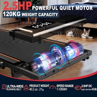 Бігова доріжка VOWVIT для дому, складаний: кут нахилу 7%, потужність 2.5 PS, максимальне навантаження 120 кг, швидкість 1-12 км/год