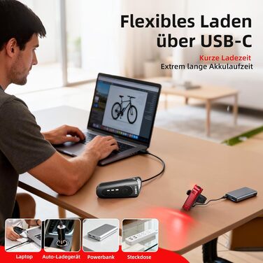 Набір переднього та заднього велоліхтаря з LED, StVZO, USB-C, водонепроникний, 100Lux + гальмівний індикатор, з батареєю