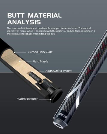 Більярдний кий CRICAL з карбону, 147,3 см, професійний, з'єднання 3/8 x 8, наконечник 12,5 мм, COWCUE-02