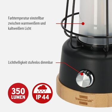 Бренненштуль LED кемпінговий ліхтар на акумуляторі CAL 1 (350 лм, IP44, до 75 годин роботи, регулювання яскравості, регулювання колірної температури, перезаряджувана USB лампа для активного відпочинку з мотузкою з льону та бамбуковим цоколем) (USB-C)