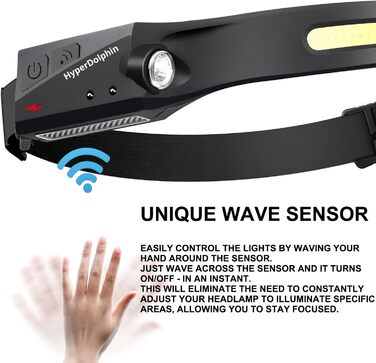 Ліхтар на голову LED акумуляторний, широка смуга освітлення, ліхтар на лоб, 400 люмен, 5 режимів, датчик руху, водонепроникний, для риболовлі, USB-C, чорний