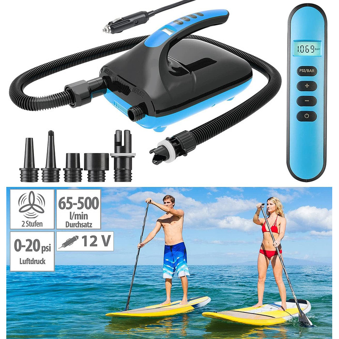 Електрична повітряна помпа для SUP-дошок та човнів AGT, 500 л/хв, з 6 насадками, для надувних човнів та SUP