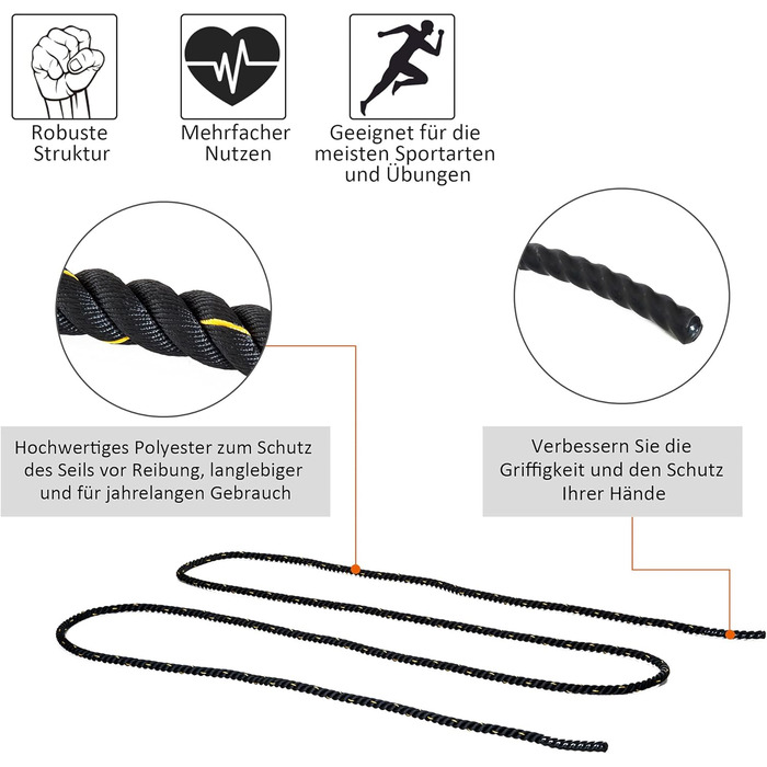 Тренажерська мотузка HOMCOM для силових тренувань, Ø38 мм, 9 м, чорно-жовта