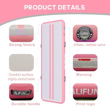 ALIFUN Гімнастичний надувний мат для гімнастики та акробатики надувний, 2м/3м/4м/6м, 10/20см заввишки, з насосом, для дому, фітнесу, тренувань, чирлідингу, басейну, рожевий, 300x100x20 см