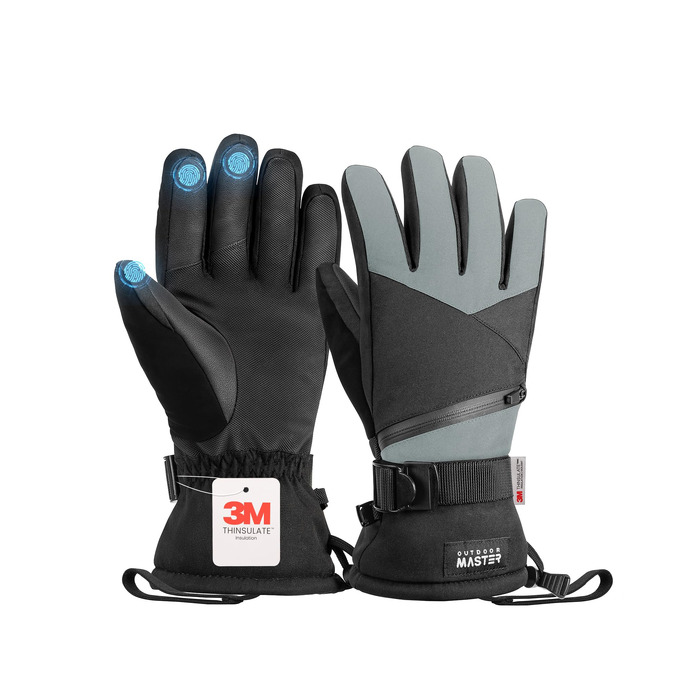 Зимові гірськолижні рукавички OutdoorMaster з ізоляцією 3M Thinsulate, терморукавички для чоловіків та жінок, чорно-сірі, розмір S