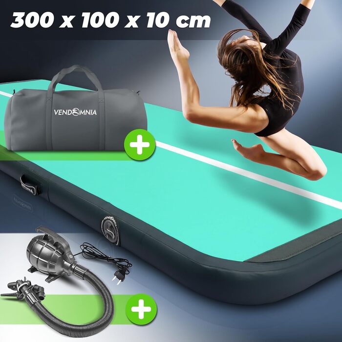 Гімнастична килимок VENDOMNIA Airtrack Matte з електричною помпою та сумкою, 10/20 см заввишки, довжина 1/2/3/4/5/6/7/8 м, для гімнастики, йоги, фітнесу, спорту, тренувань, 300*100x10 см, м'ятно-сірий колір