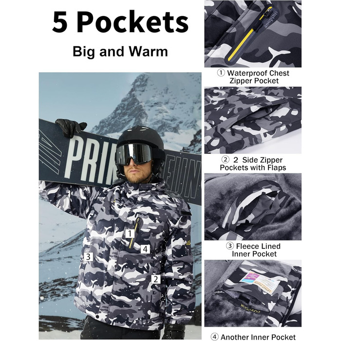 Чоловіча зимова флісова куртка MAGCOMSEN з підкладкою, для катання на лижах, Outdoor, вітронепроникна, водонепроникна, тепла, функціональна куртка з капюшоном для походів та кемпінгу (Чорний-Камуфляж, L)
