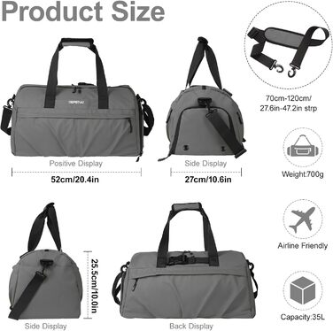 Спортивна сумка для жінок та чоловіків з жорстким матеріалом, дорожня сумка з відділенням для взуття, 2 вентиляційні отвори та відділення для мокрого одягу, водонепроникна сумка-вікендер, спортивна сумка/сума для плавання/сауни (Зелений) (Сірий)