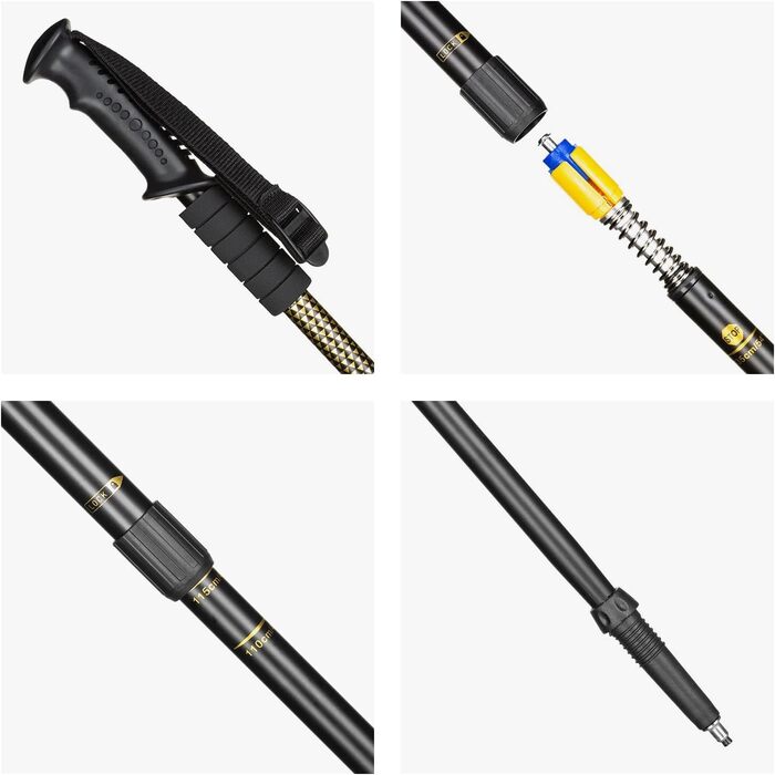 Ультралегкі трекінг-палиці для скандинавської ходьби (Nordic Walking) з гумовими наконечниками, односекційні, 110 або 115 см, чорно-золоті, для жінок та чоловіків