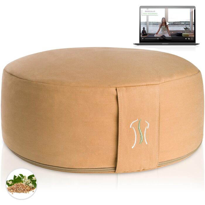 Йога подушка BACKLAXX® для медитації XL, діаметр 35 см, висота 15 см, з наповнювачем з гречаної лузпи, з відеокурсом - пуф-подушка для сидіння на підлозі (Абрикосовий жовтий)